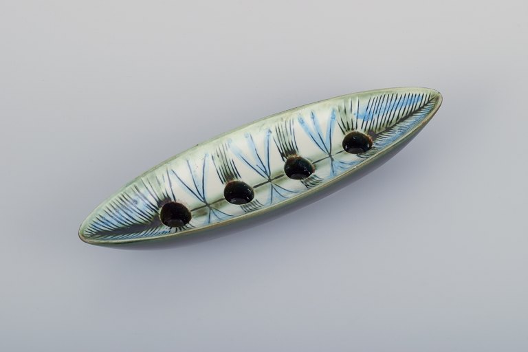 Lisa Larson, for Gustavsberg, Sweden. Rare "Advent" candlestick for four candles. Glaze in green and blue hues.