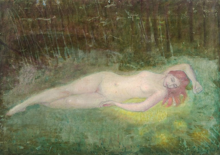 Louis Picard (1861-1940), fransk kunstner, olie på lærred. Portræt af ung smuk liggende nøgen kvinde.