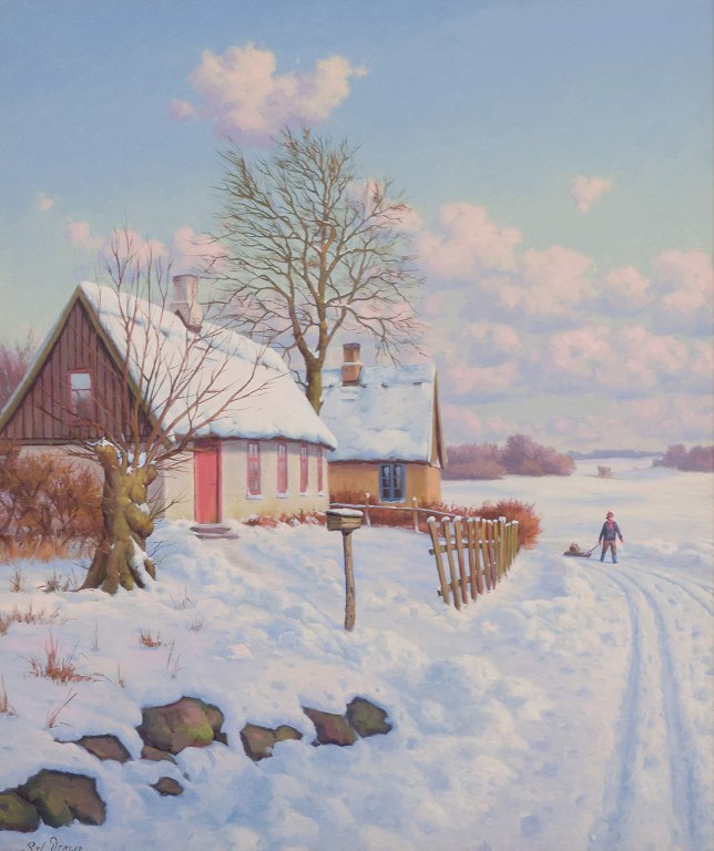 Svend Drews, oil on canvas. Danish idyllic winter landscape. Houses with snow-covered roofs.
