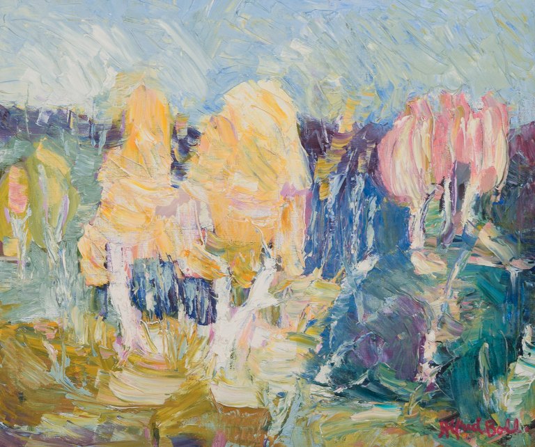 Alfred Boll, svensk kunstner, olie på lærred. Abstrakt komposition. Koloristisk palette. Pastose strøg.