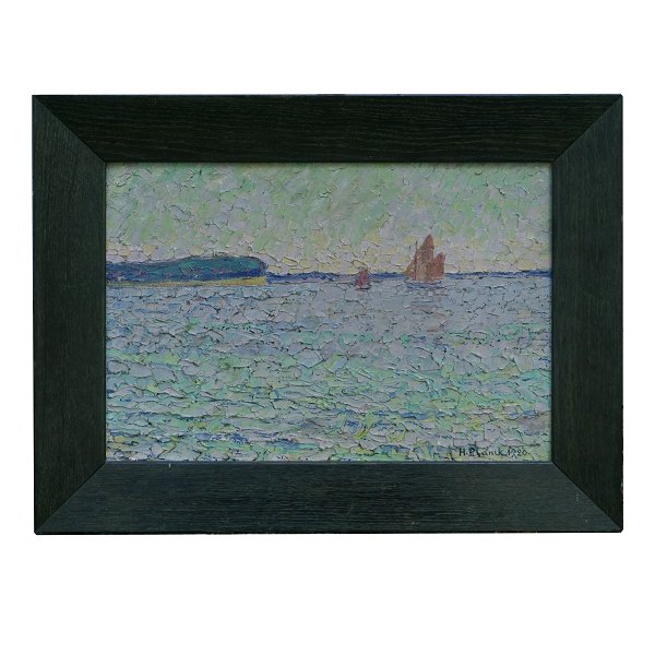Heinrich Blunck maleri med motiv i form af fjordlandskab. Heinrich Blunck, 1891-1963, olie på plade. Signeret og dateret 1920. På bagsiden betegnet: "Abend auf der Förde".