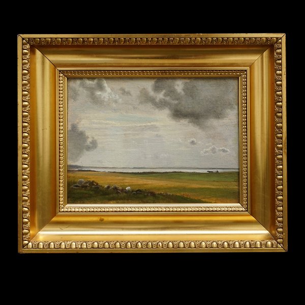 Vilhelm Kyhn, maleri. Vilhelm Kyhn, 1819-1903, olie på lærred. Sommerlandskab ved fjord. Signeret og utydeligt dateret. Bagside med rester af udstillingsetiketter. Lysmål: 23x30cm. Med ramme: 38x45cm
