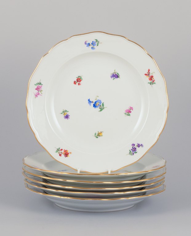 Meissen, Tyskland. Et sæt på seks middagstallerkner i porcelæn håndmalet med forskellige polykrome blomstermotiver samt guldkant.