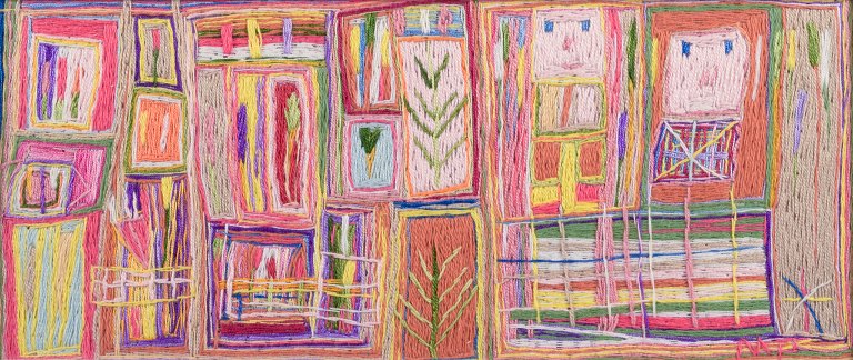Swedish textile artist. Abstract motif of flowers and faces.Textile art on canvas.