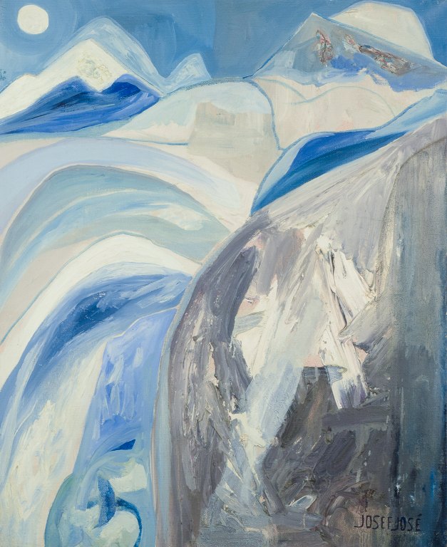 Josef José, listed French artist. Oil on canvas.Snow-covered mountain landscape in abstract style.