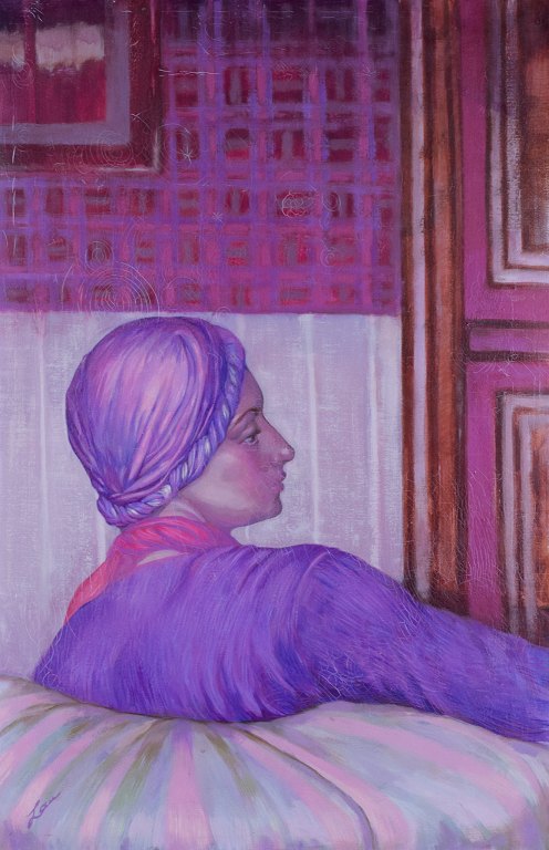 Unknown artist Oil on canvas.Large painting. Seated woman seen from the back lost in deep thoughts.