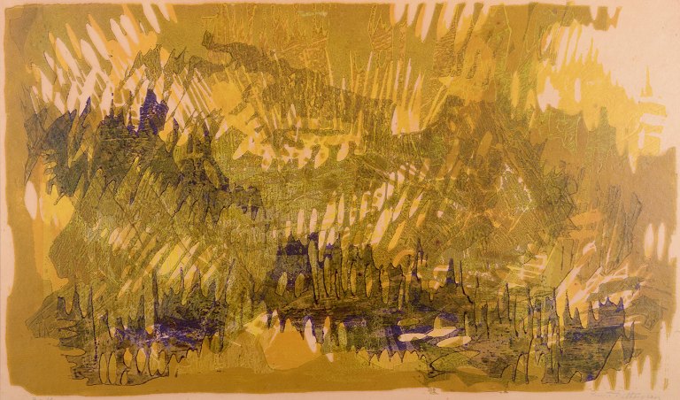 Rune Pettersson (1918-1999), Swedish artist. Lithograph on plate.Abstract composition.