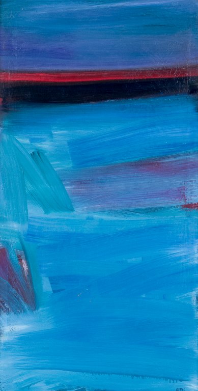 Lars Bertle, born in Helsingborg in 1925, listed Swedish artist. Oil on canvas."Norska Kusten" (Norwegian Coast). Modernist landscape. Coloristic palette.