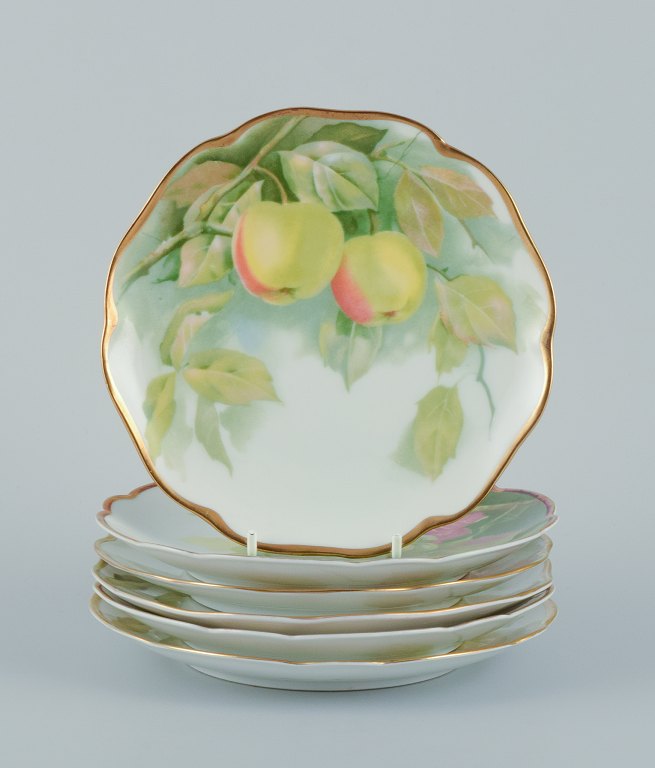 Rosenthal, Tyskland. Et sæt på seks porcelænstallerkner med forskellige frugtmotiver. Guldkant.