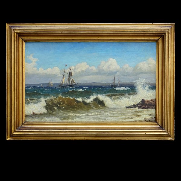 Christian Blache marine maleri. Christian Blache, 1838-1920, olie på lærred. Sejlskibe i oprørt hav ud for kyst. Signeret. Lysmål: 34x56cm. Med ramme: 51x73cm