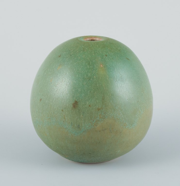 Preben Brandt Larsen, Danish ceramist. Unique ceramic vase with green-toned glaze. Egg-shaped.
