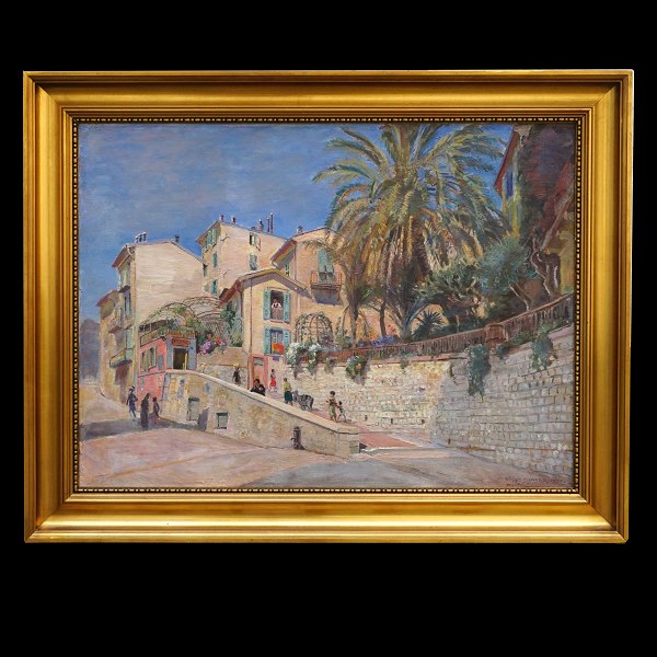 Viggo Langer maleri. Viggo Langer, 1860-1942, olie på lærred. Parti fra Veyre-Monton, Frankrig. Signeret og dateret "Viggo Langer 1931 Monton". Lysmål:  55x74cm. Med ramme: 70x89cm
