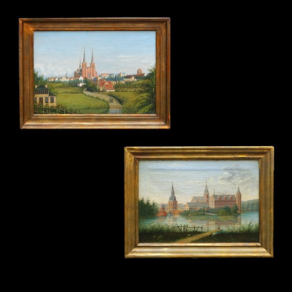 Jacob Christian Gottschalk, 1817-94, olie på lærred. To malerier med motiv i form af Roskilde Domkirke og Frederiksborg Slot. Signeret og dateret hhv. 1880 & 1864. Lysmål: 29x41cm. Med ramme: 38x50cm