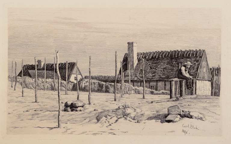 Carl Bloch (1834–1890). Radering af siddende fisker med stråtækte huse i baggrund.