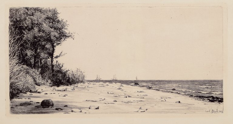 Carl Bloch (1834–1890). Radering af dansk kystparti med sejlbåde på havet. Hornbæk.
