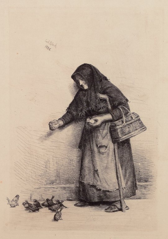 Carl Bloch (1834–1890). Etching. "Konen med spurvene" (The Woman with the Sparrows).