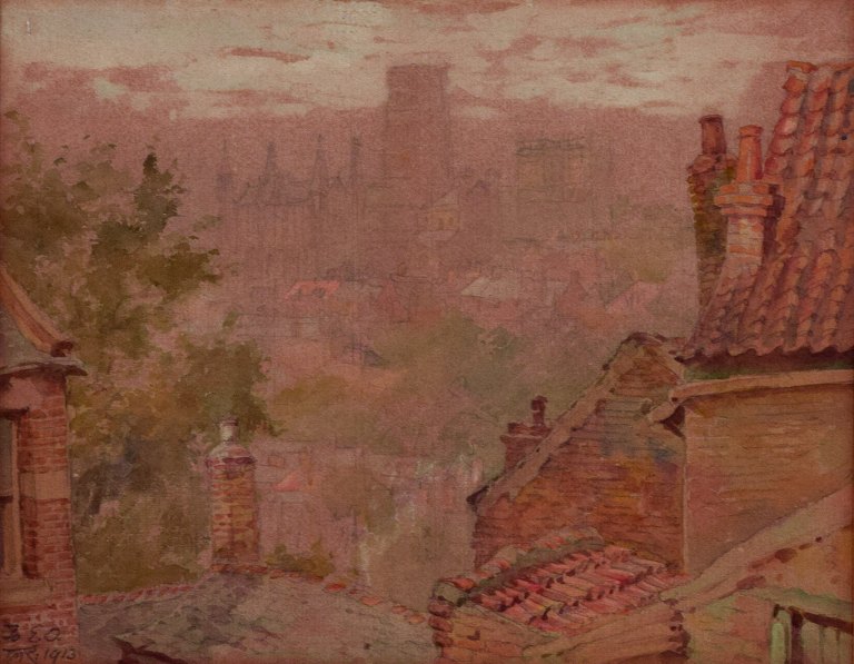 Britisk kunstner. Vandfarve og blyant. Udsigt over Durham Katedral.