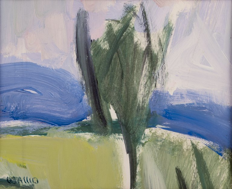 Helmer Wallin (1906-2004), svensk kunstner. Akryl på papir.Abstrakt landskab.
