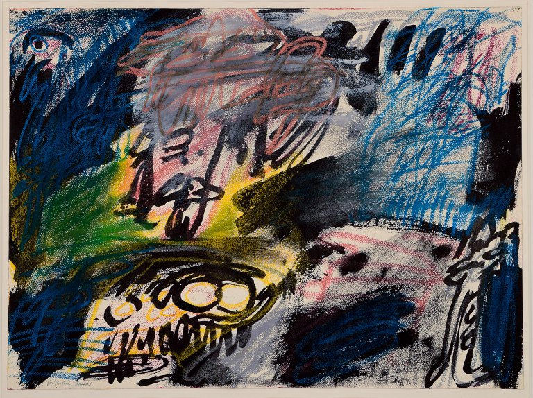 Peter Nyborg, Danish artist. Gouache and oil crayon on paper."Eager Man." Abstract composition with a colorful palette.