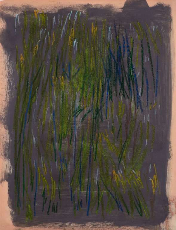Monique Beucher (1934), fransk kunstner. Mixed media på papir.Abstrakt komposition. Koloristisk palette.