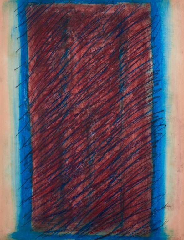 Monique Beucher (1934), fransk kunstner. Mixed media på papir.Abstrakt komposition. Koloristisk palette.