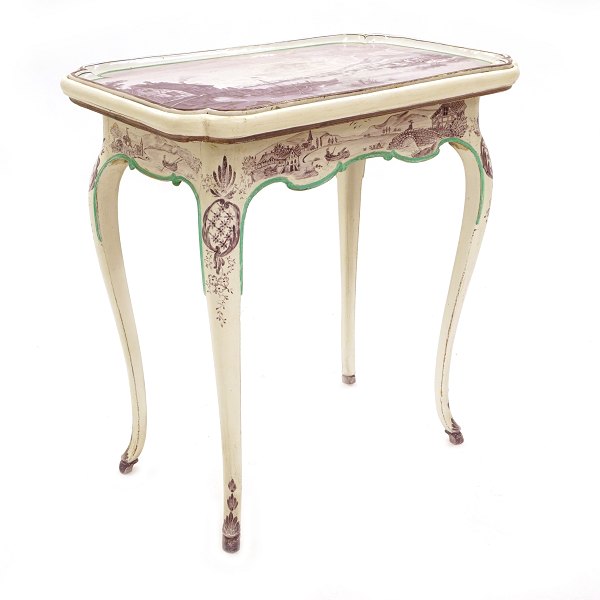 Signed faience tray top table manufactured in Stralsund 1770. H: 75cm. Top: 46x71cm