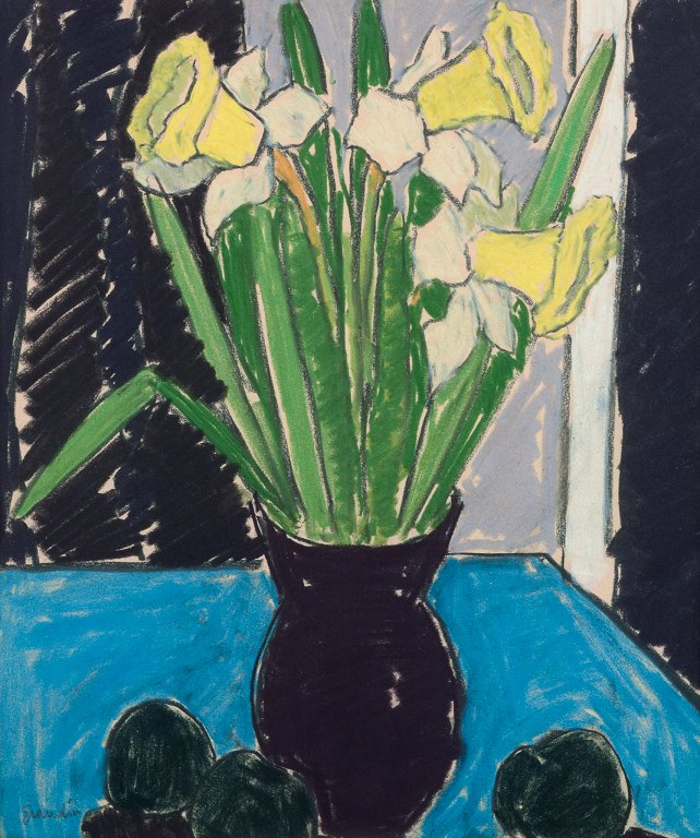 Svän Grandin (1906-1982), svensk kunstner. Mixed media på papir. Blomsteropstilling i modernistisk stil.