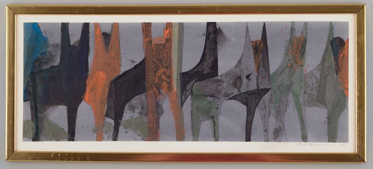 Arne Brandtman (1925-2010), svensk kunstner. Farvetryk på papir.Abstrakt komposition.