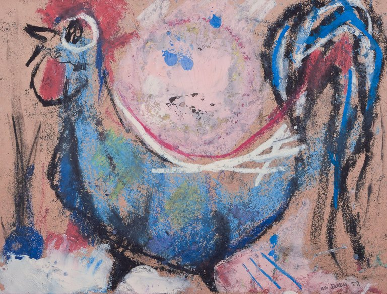 Mette Doller (b. 1925), Danish artist. Mixed media on paper. Rooster. Dated 1959.