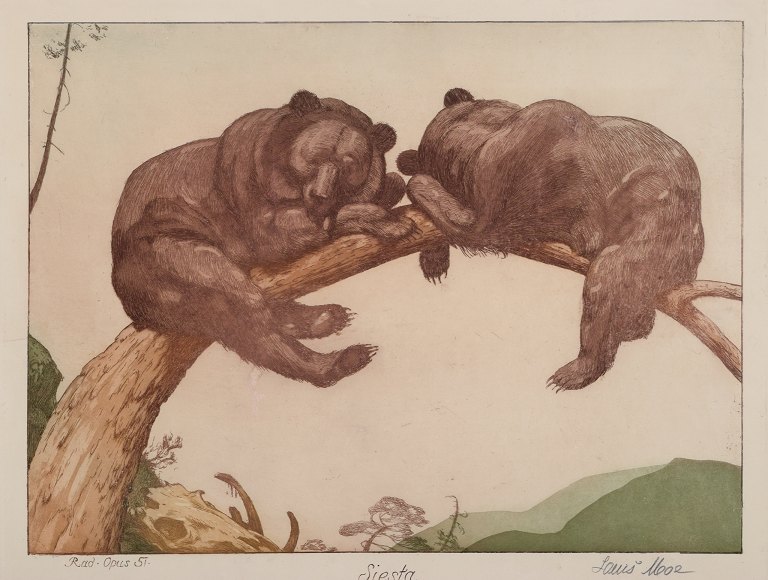 Louis Moe (1857–1945), well listed Norwegian artist. Color etching on Japanese paper. Opus 51 "Siesta". Two resting brown bears in a tree.