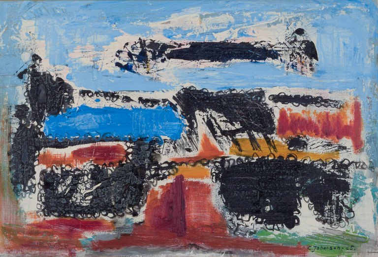 Carl Johanson (1906-1993), Swedish graphic artist and painter.Oil on canvas. Abstract composition with a colorful palette.