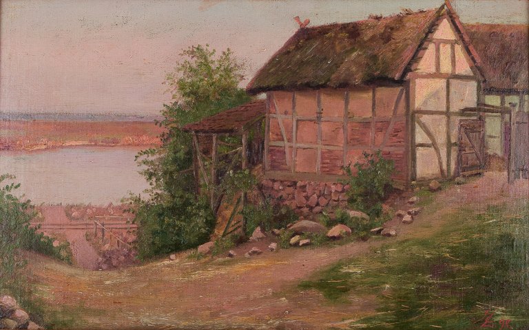 Christian Zacho (1843-1913), dansk kunstner.Olie på malerplade. Dansk sommerlandskab. Stråtækt hus ved sø med udsigt over marker.