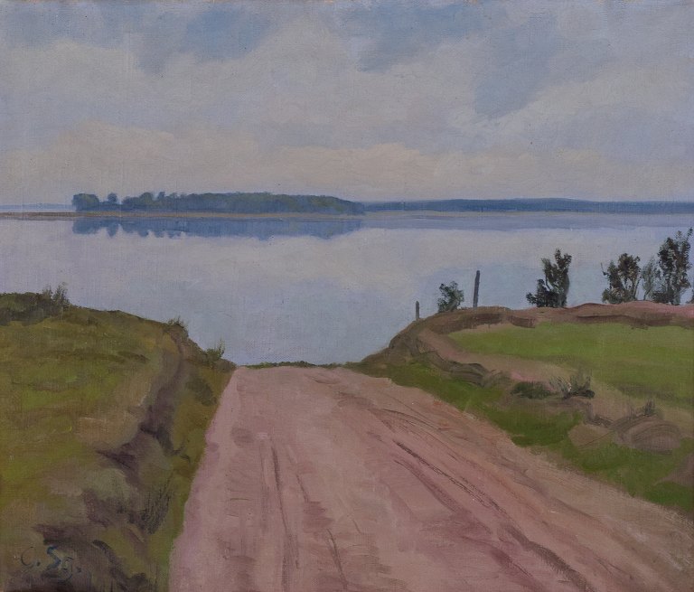 Ole Søndergaard (1876-1958), dansk maler. Olie på lærred.Dansk sommerlandskab med sø.