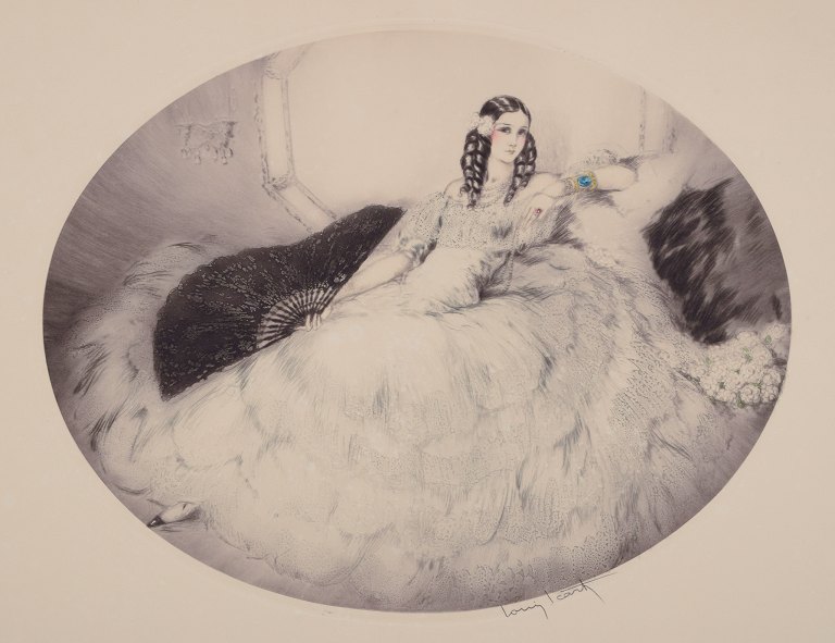 Louis Icart (1888-1950). Håndkoloreret gravering.”Black Fan” / "Eventail Noir".