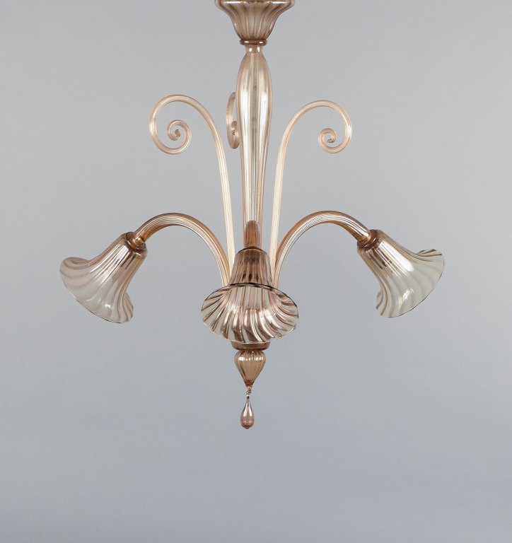 Murano, elegant Art Deco ceiling lamp in mouth-blown glass, three bulbs. Smoked glass.