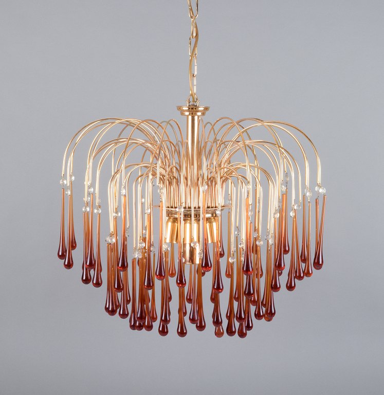 Murano, Italy. Large ceiling lamp in amber mouth-blown art glass, brass frame. Italian design.