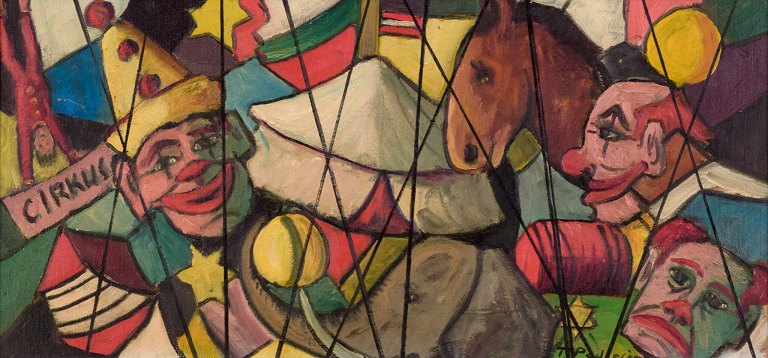 Swedish artist. Oil on board. Circus motif with clowns, horses, and elephants."Circus."