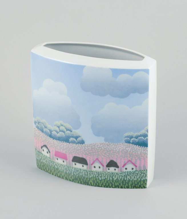 Ivan Rabuzin for Rosenthal, Tyskland. Studio-Linie. Stor porcelænsvase.Naivistisk motiv af huse i landskab.