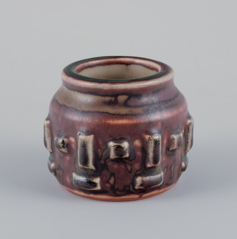 Jørgen Mogensen for Royal Copenhagen. Miniature ceramic vase in sung glaze. Geometric relief patterns.