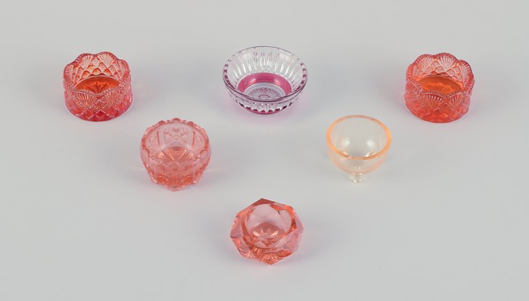 Fåglavik Glasbruk (1874-1980), Sweden.Six salt cellars in colored glass. Handmade pink/orange glass.