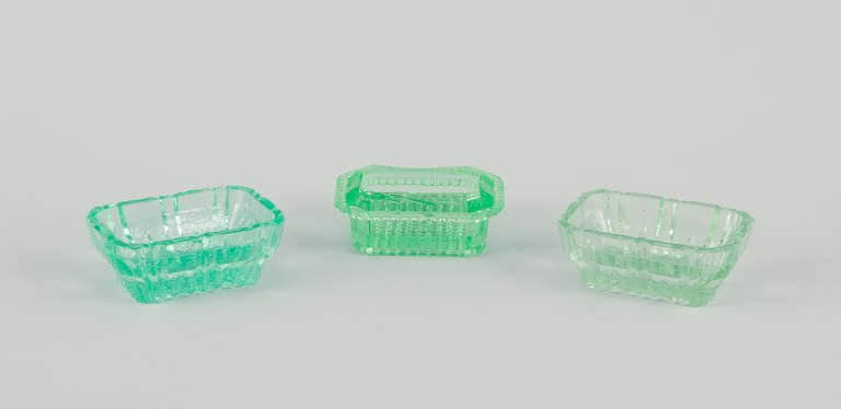 Fåglavik Glasbruk (1874-1980), Sweden.Three salt cellars in colored glass. Handmade green glass.