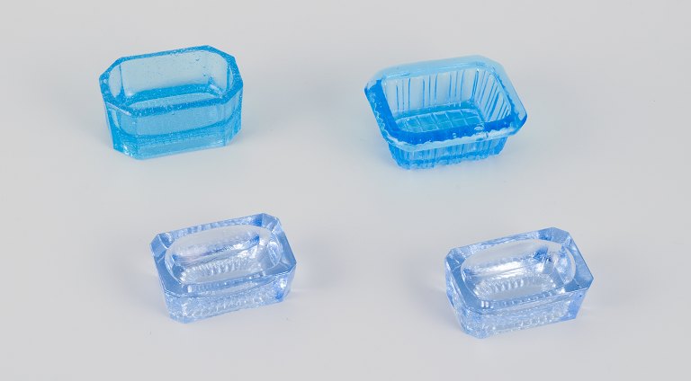 Fåglavik Glasbruk (1874-1980), Sweden.Four salt cellars in colored glass. Blue handcrafted glass.