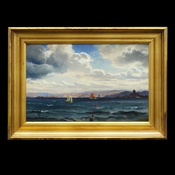 C. F. Sørensen, Denmark, 1818-79. Seascape with small ships. Signed. Visible size: 29x45cm. With frame: 40x56cm