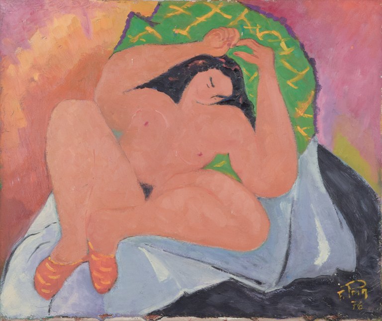 F. Prin, fransk kunstner. Olie på lærred. Liggende nøgen kvinde. Matisse inspireret. Koloristisk palette.