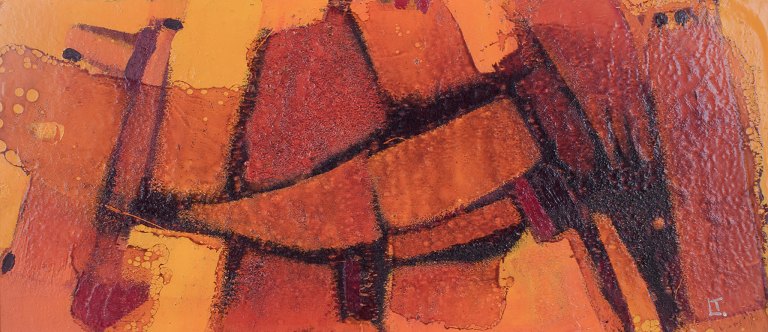 Leif Tingkær, Danish painter. Oil on panel. Abstract composition in yellow and orange tones.