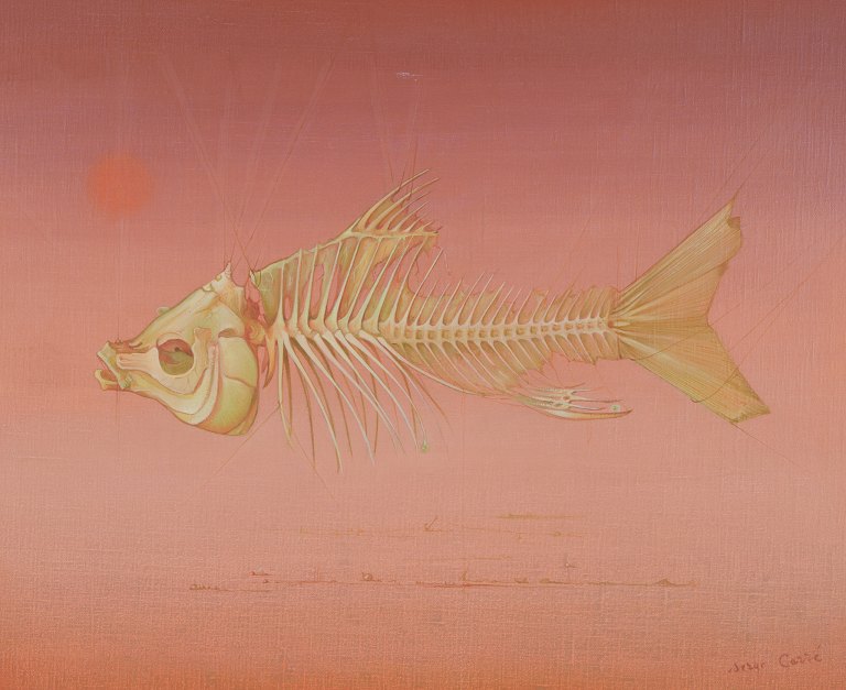 Serge Carre, fransk kunstner, olie på lærred.Surrealistisk opstilling med fiskeskelet.