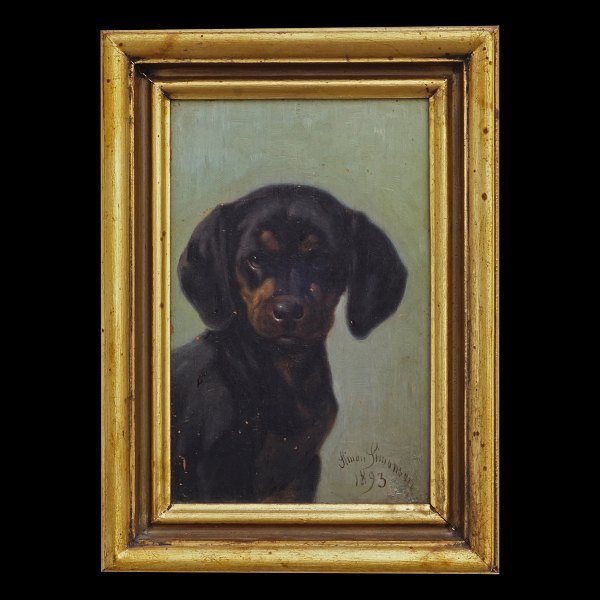 Simon Simonsen gravhund. Simon Simonsen, 1841-1928, olie på plade. Signeret og dateret 1893. Lysmål: 17,5x11cm. Med ramme: 23,5x17cm
