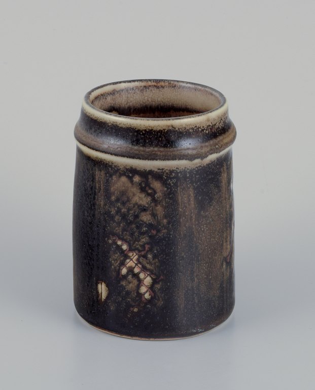 Carl Harry Stålhane (1920-1990) for Rörstrand Ateljé, Sweden. Ceramic vase in green and black tones.
