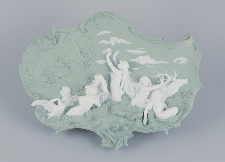 Volkstedt, Germany.Large Art Nouveau wall relief in jasperware/biscuit.Depiction of nude women in a landscape.