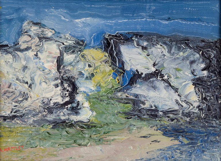 S. Hamlet, svensk kunstner. Olie på malerplade. Abstrakt komposition.